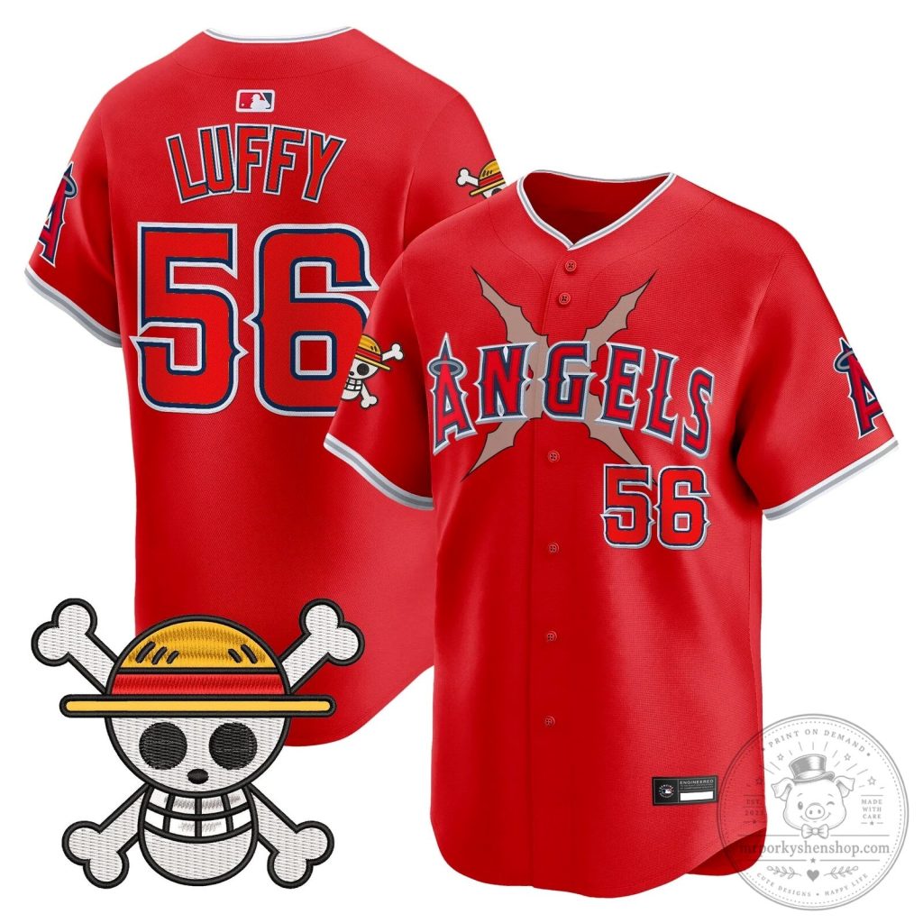 Los Angeles Angels One Piece Monkey D. Luffy Baseball Jersey Los Angeles Angels One Piece Monkey D. Luffy Baseball Jersey