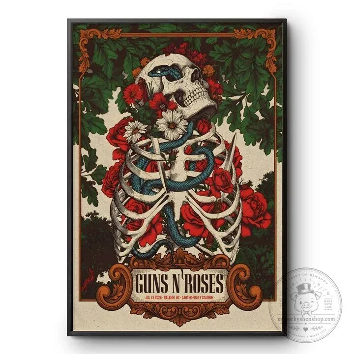 Guns N' Roses World Tour 2026 Raleigh Concert Skeleton and Roses Poster