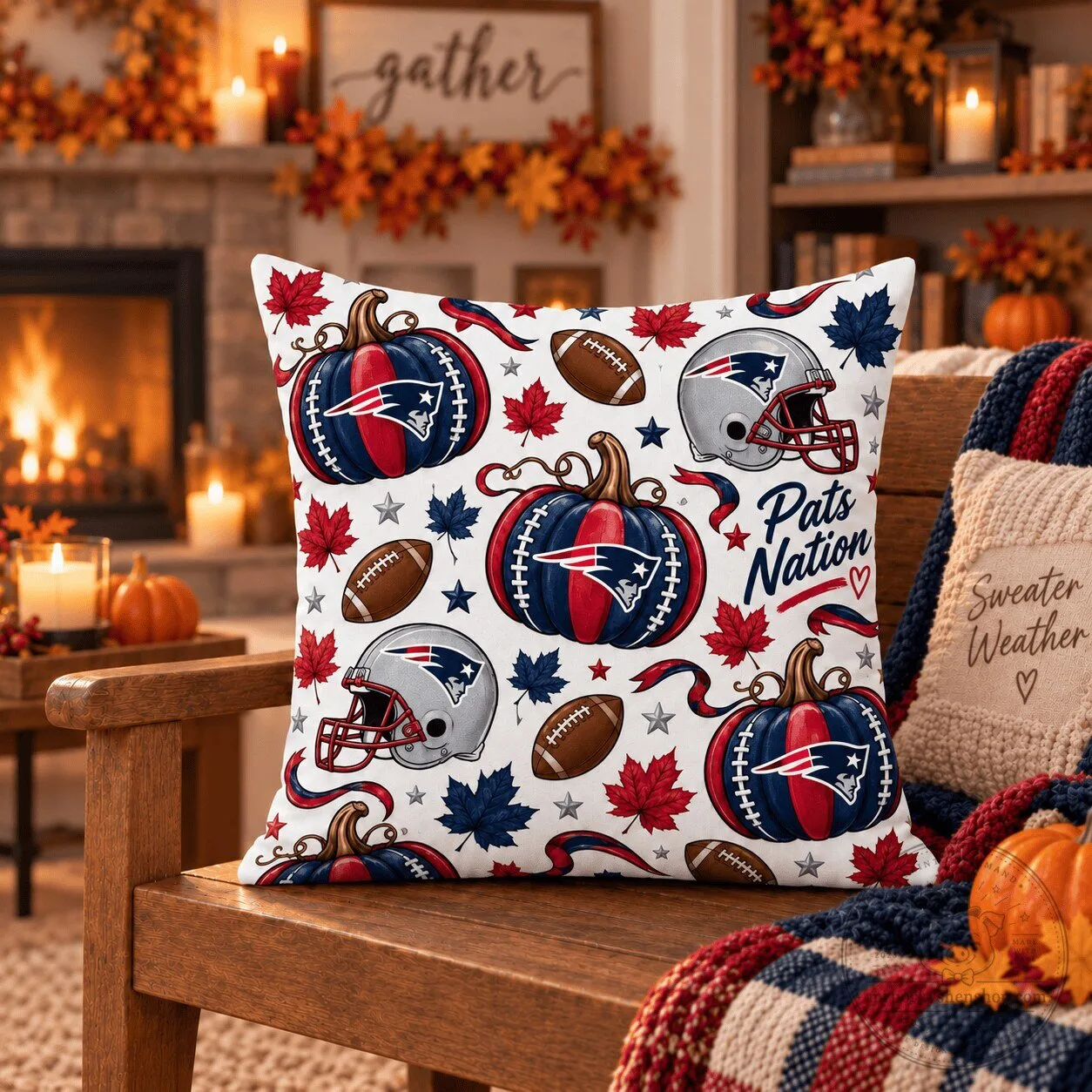 New England Patriots Halloween Pumpkins and Helmets Throw Pillow 2 New England Patriots Halloween Pumpkins and Helmets Throw Pillow