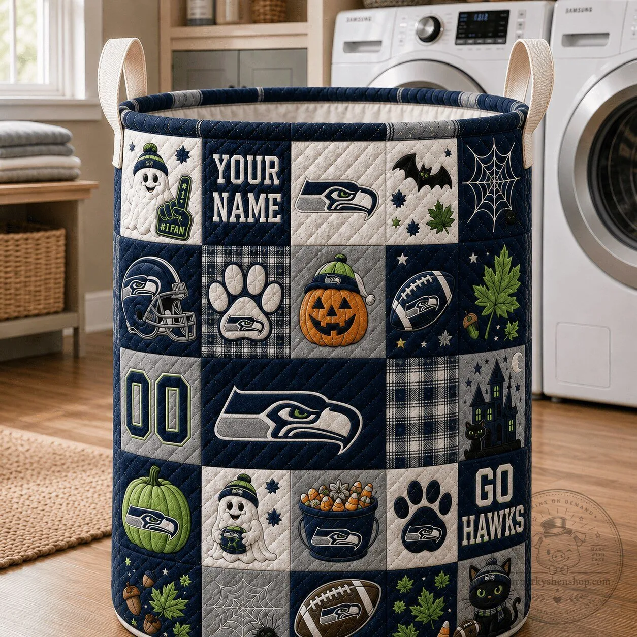 Seattle Seahawks Halloween Personalized Quilted Laundry Basket 2 Seattle Seahawks Halloween Personalized Quilted Laundry Basket