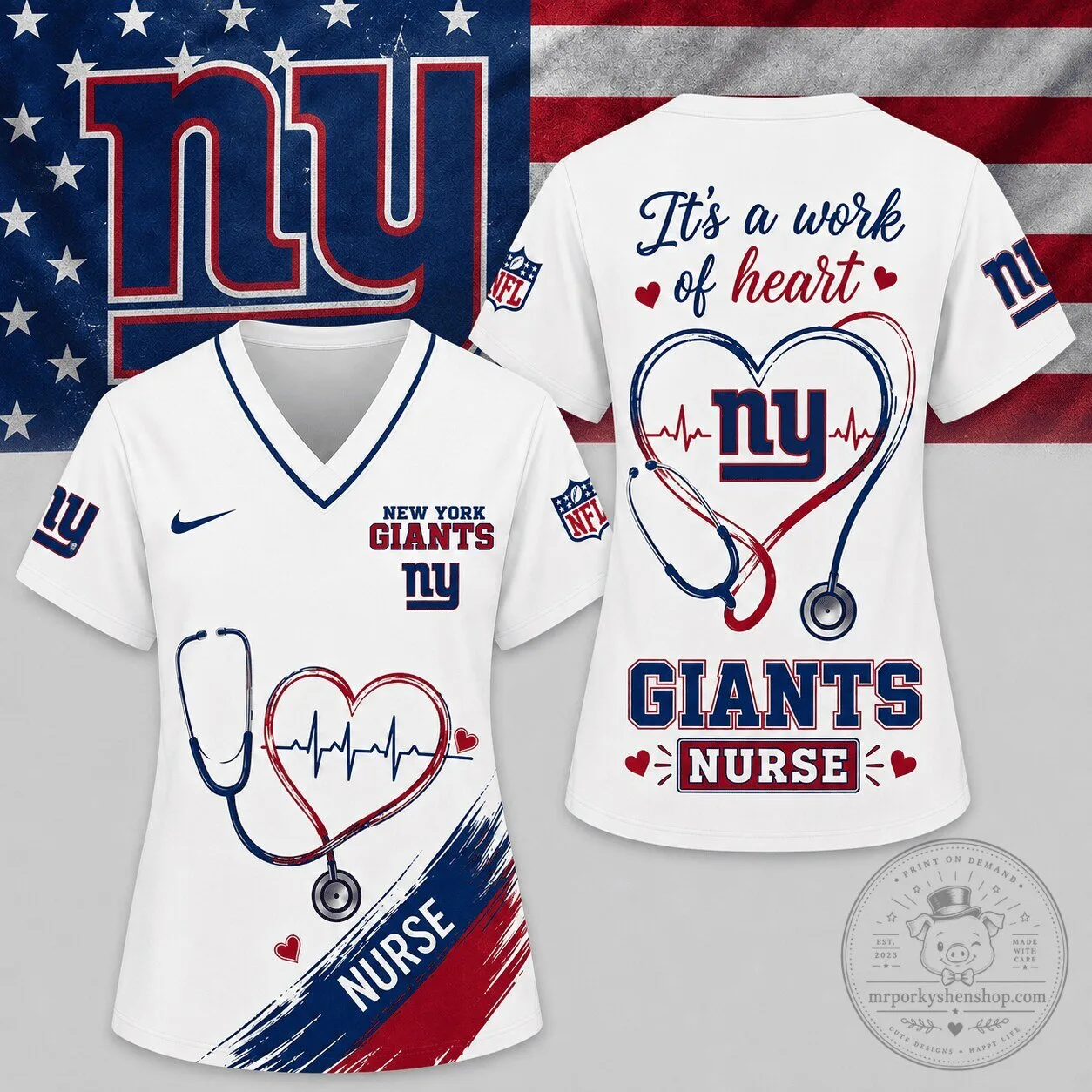 New York Giants Nurse It's a Work of Heart V-Neck Short Sleeve T-Shirt 2 New York Giants Nurse It's a Work of Heart V-Neck Short Sleeve T-Shirt