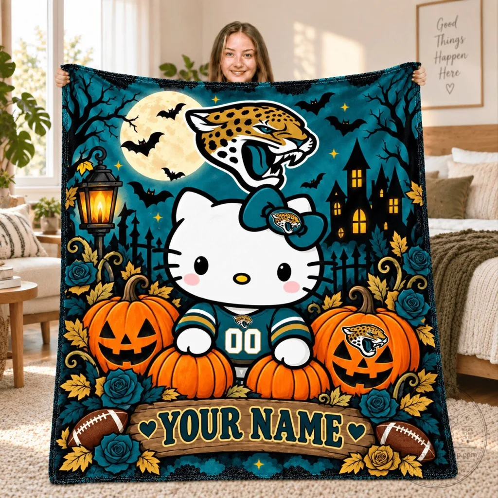 Jacksonville Jaguars Hello Kitty Halloween Moon Night Fleece Blanket Jacksonville Jaguars Hello Kitty Halloween Moon Night Fleece Blanket