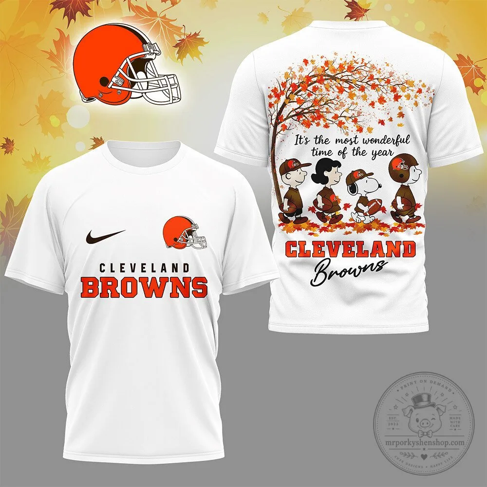Cleveland Browns Snoopy Charlie Brown Autumn Fall Season White Short Sleeve T-Shirt