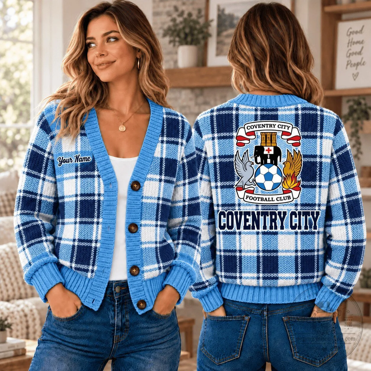 Coventry City Football Club Sky Blues Plaid Custom Name Cardigan Sweater