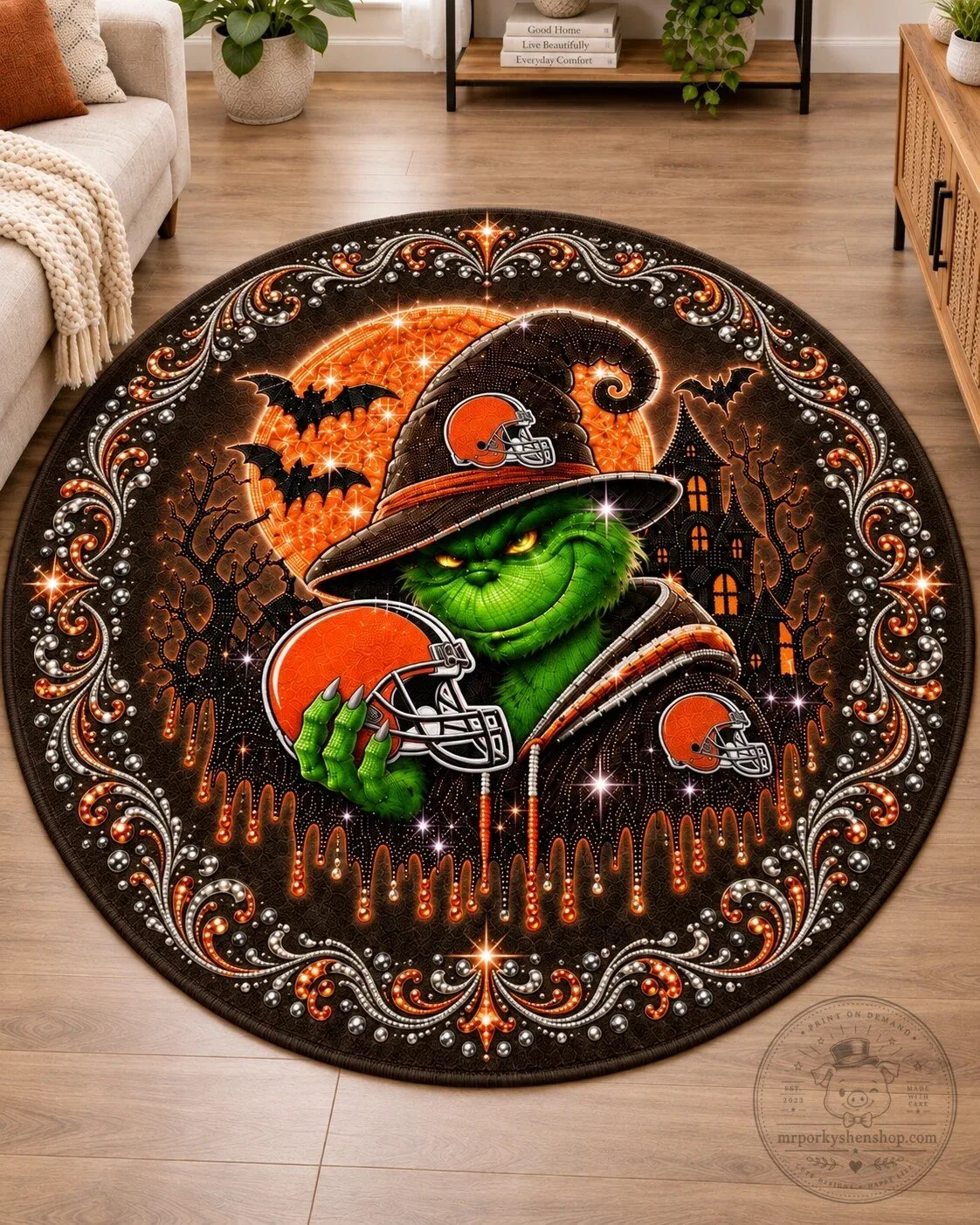 Cleveland Browns Grinch Halloween Round Rug