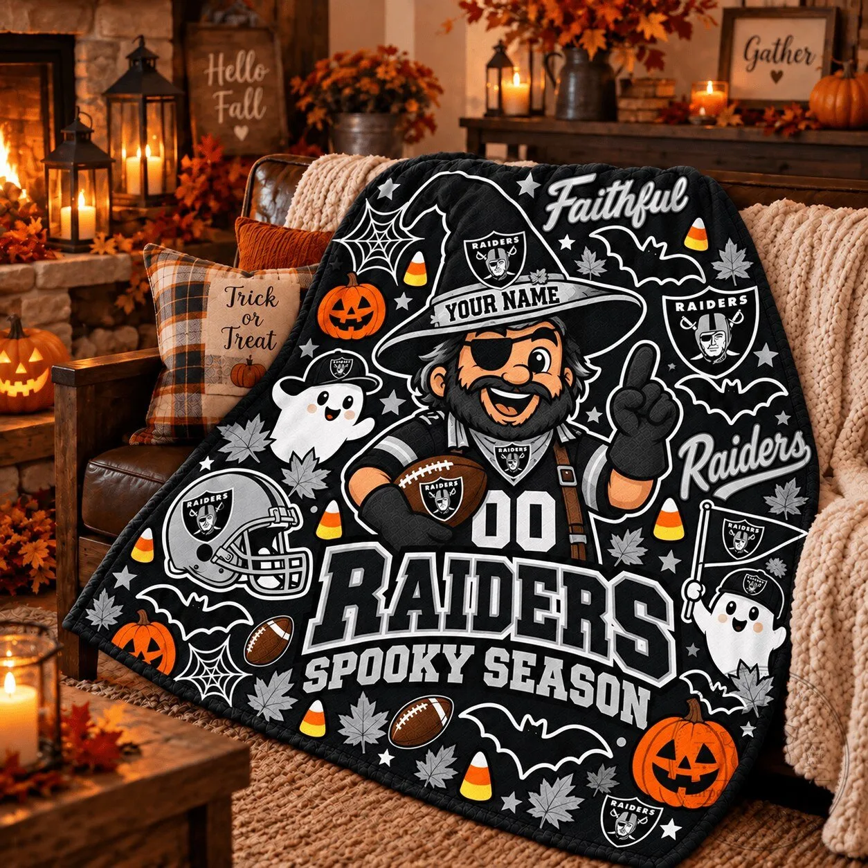 Las Vegas Raiders Halloween Spooky Season Football Fan Fleece Blanket