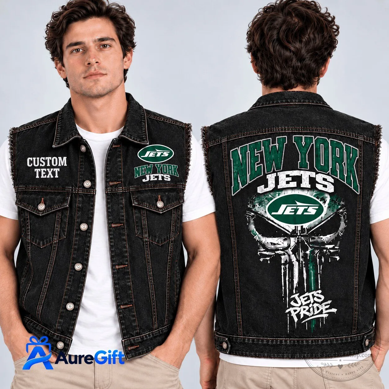 New York Jets Skull Punisher NFL Football Personalized Denim Vest Jacket