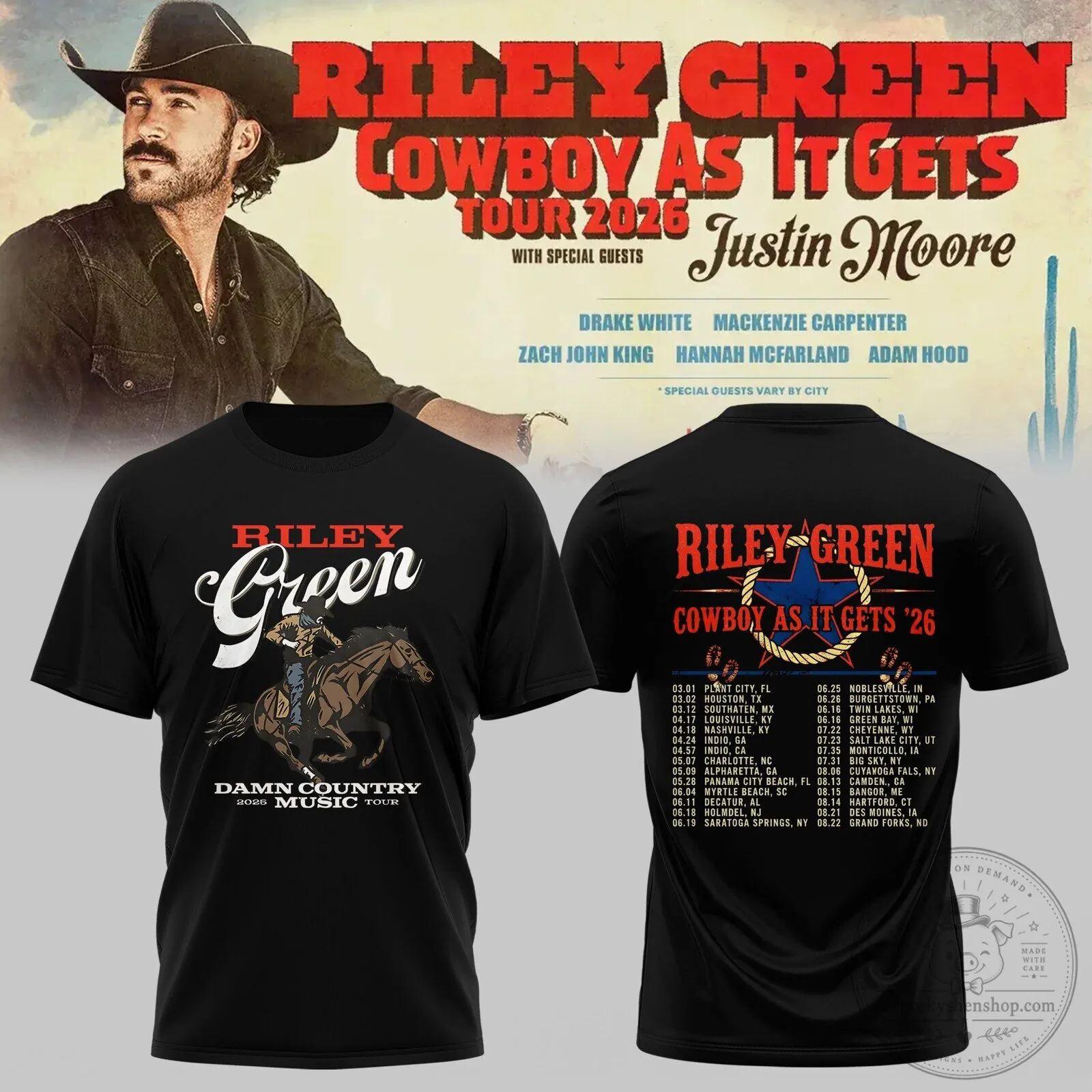 Riley Green Cowboy As It Gets Tour 2026 Concert Schedule Black T-Shirt