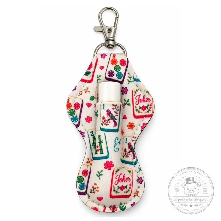 Mahjong Game Tiles Pattern Chapstick Holder Keychain with Clip