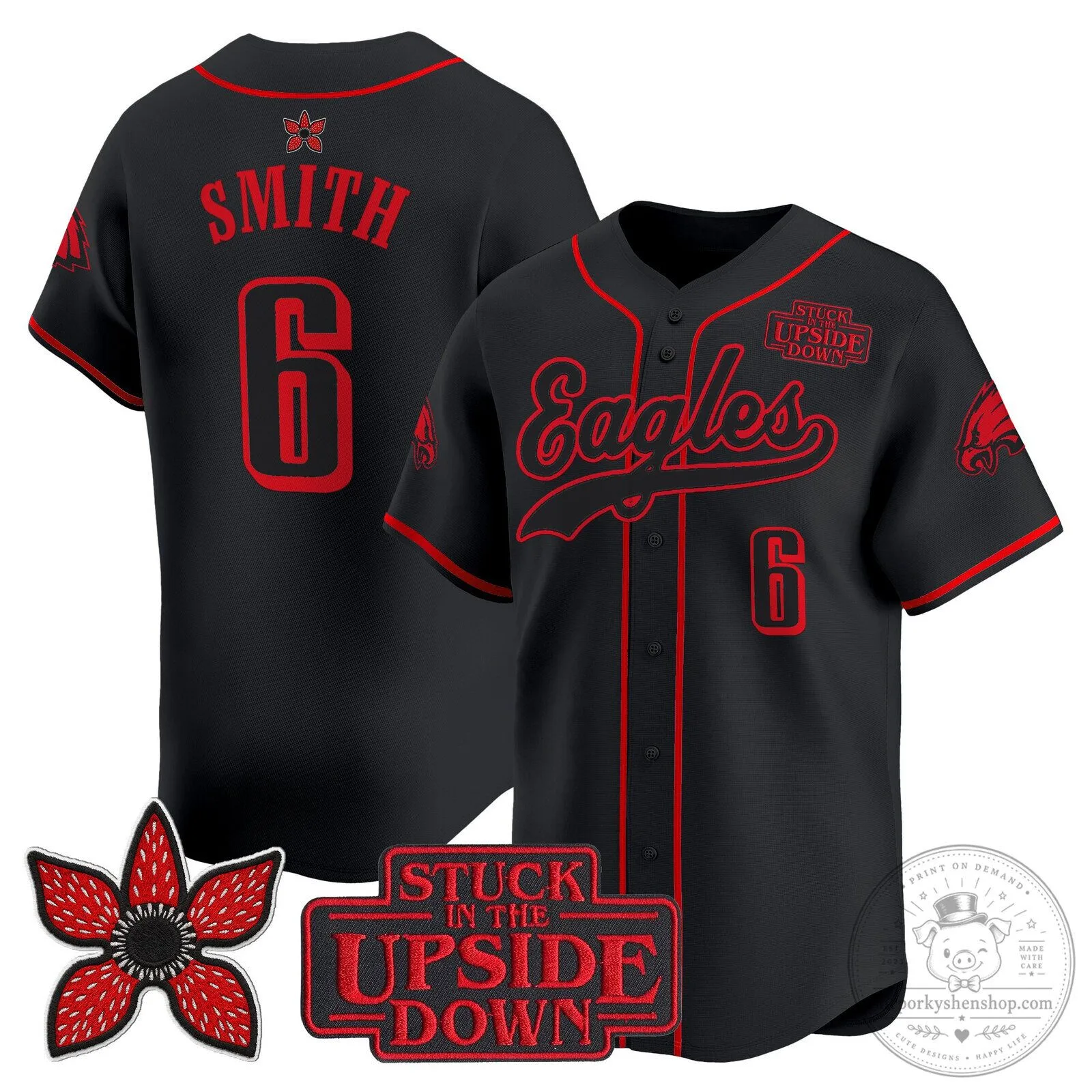 Philadelphia Eagles Stranger Things Edition Black Baseball Jersey 21 Philadelphia Eagles Stranger Things Edition Black Baseball Jersey