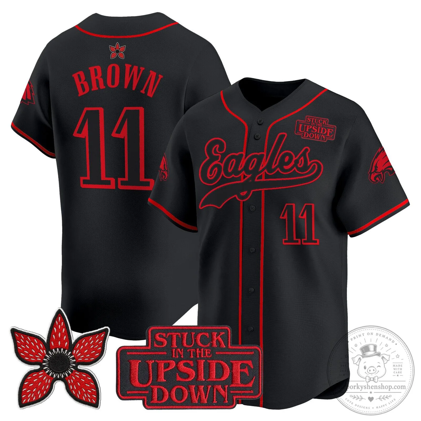 Philadelphia Eagles Stranger Things Edition Black Baseball Jersey 25 Philadelphia Eagles Stranger Things Edition Black Baseball Jersey