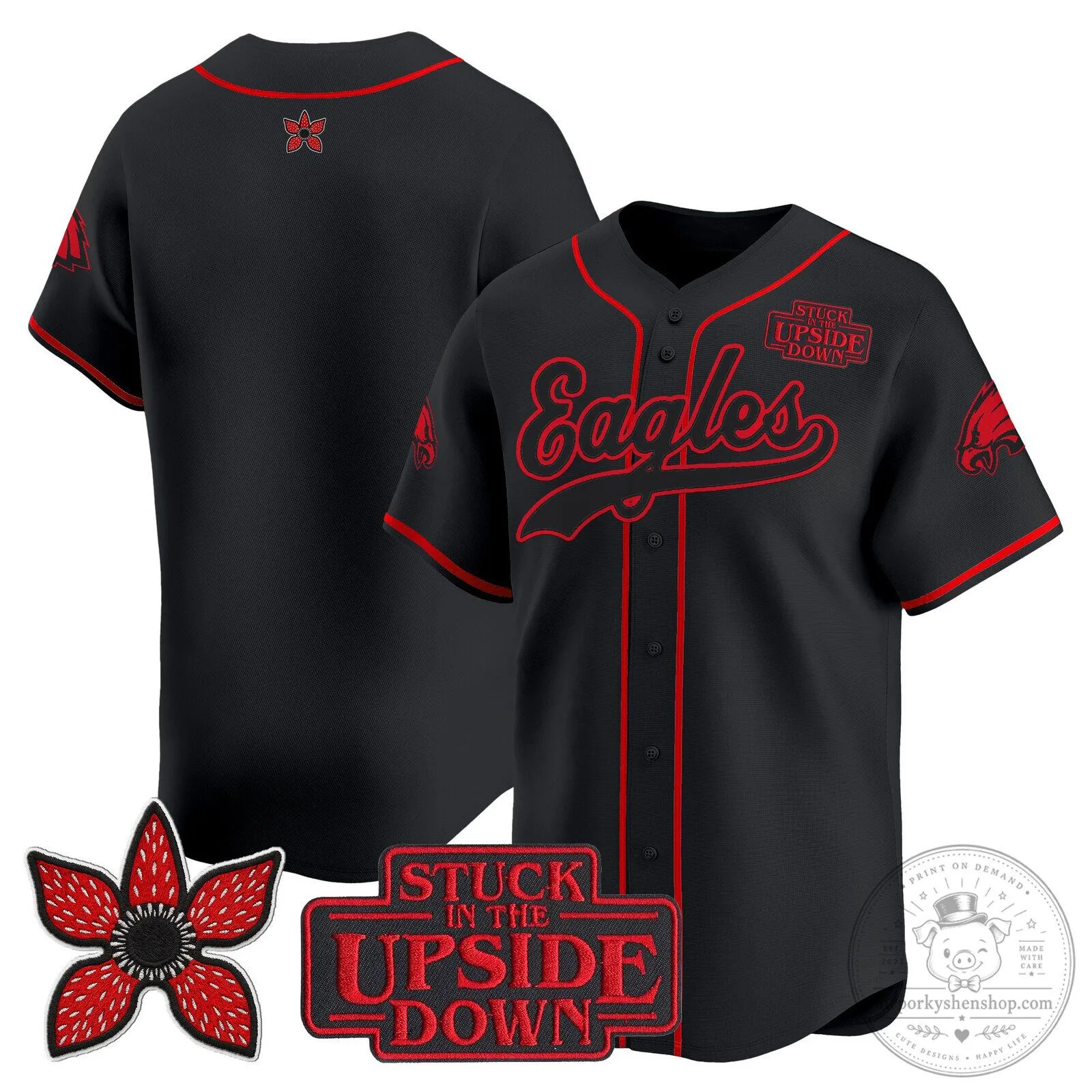 Philadelphia Eagles Stranger Things Edition Black Baseball Jersey 27 Philadelphia Eagles Stranger Things Edition Black Baseball Jersey