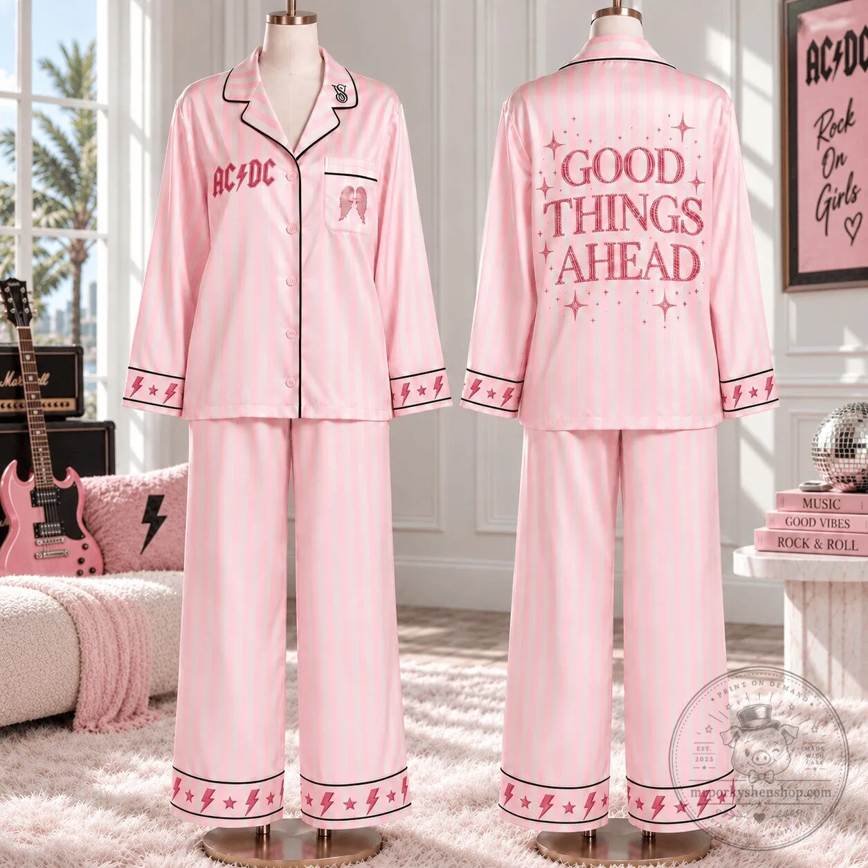 ACDC Rock On Girls Pink Striped Satin Long Sleeve Pajama Set 1 ACDC Rock On Girls Pink Striped Satin Long Sleeve Pajama Set