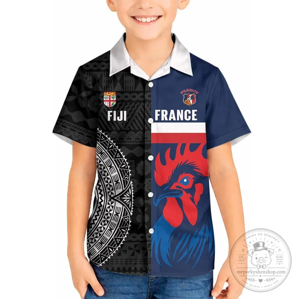 Fiji and France Rugby Kids Hawaiian Shirt Flying Fijian Les Bleus Together