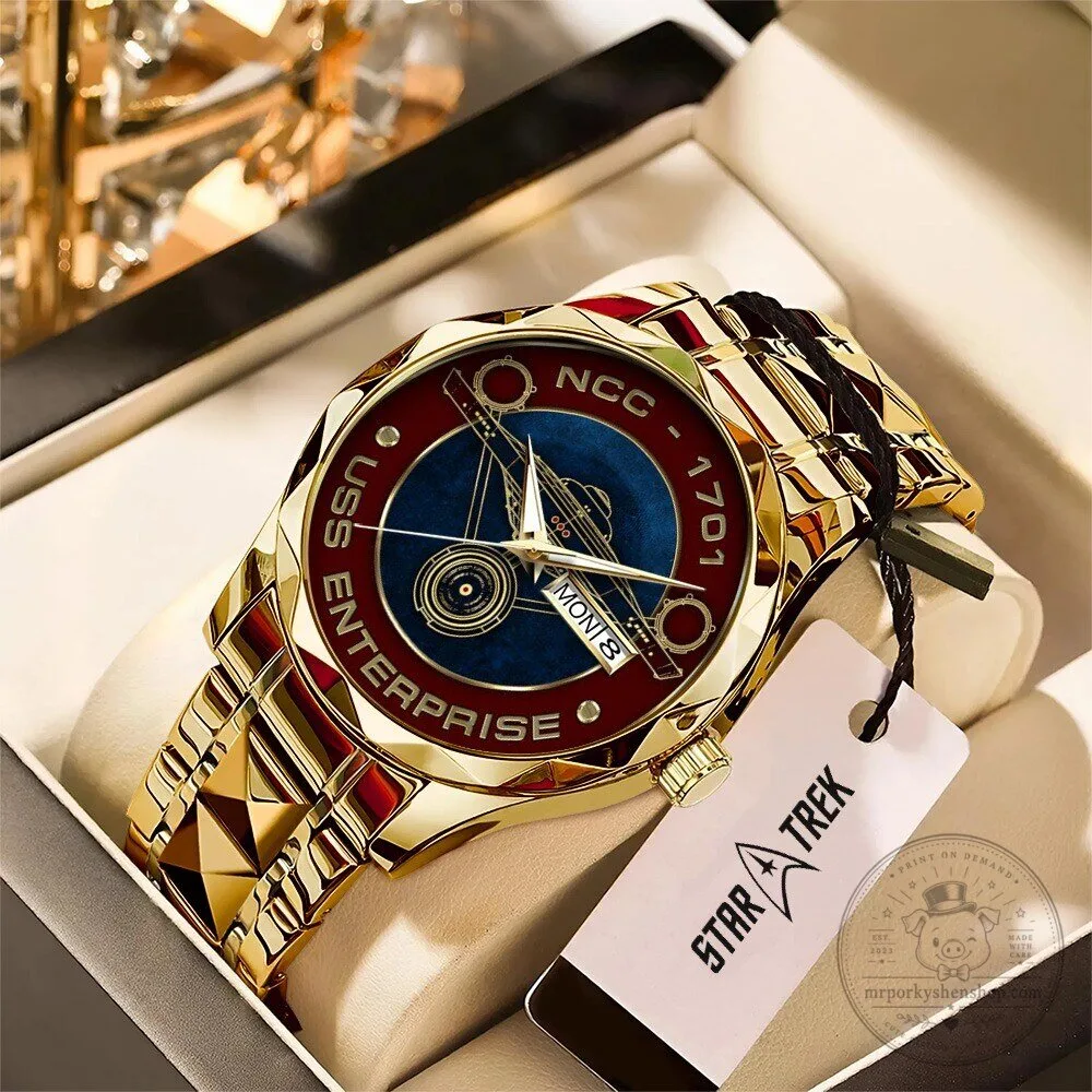 Star Trek United Federation of Planets USS Enterprise Gold Luxury Watch