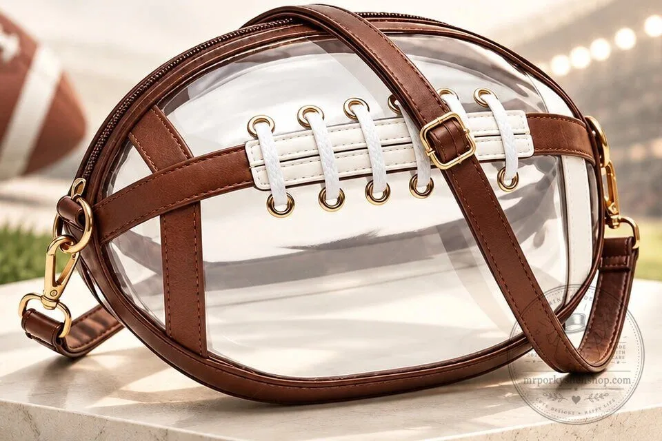 Clear Football Shaped Crossbody Bag with Brown Leather Trim and Laces