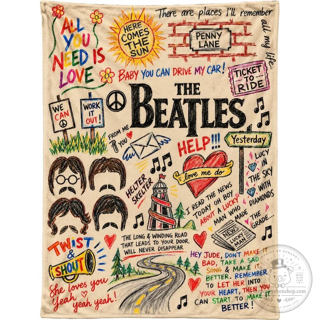 The Beatles Song Doodles Art Sherpa Fleece Blanket - Unique Gift for Music Fans