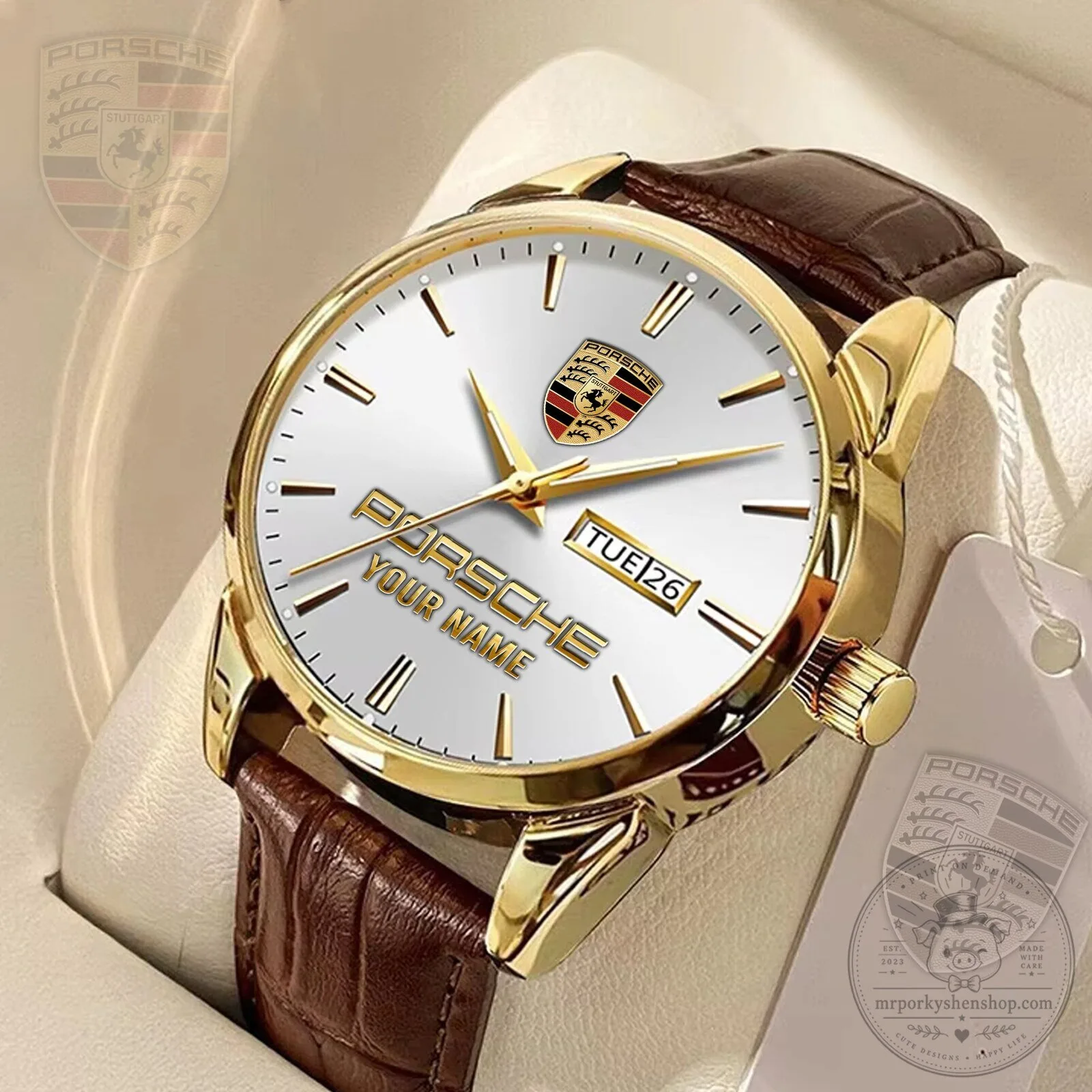 Porsche Custom Name Gold Tone Stainless Steel Watch with Brown Leather Strap 14 Porsche Custom Name Gold Tone Stainless Steel Watch with Brown Leather Strap