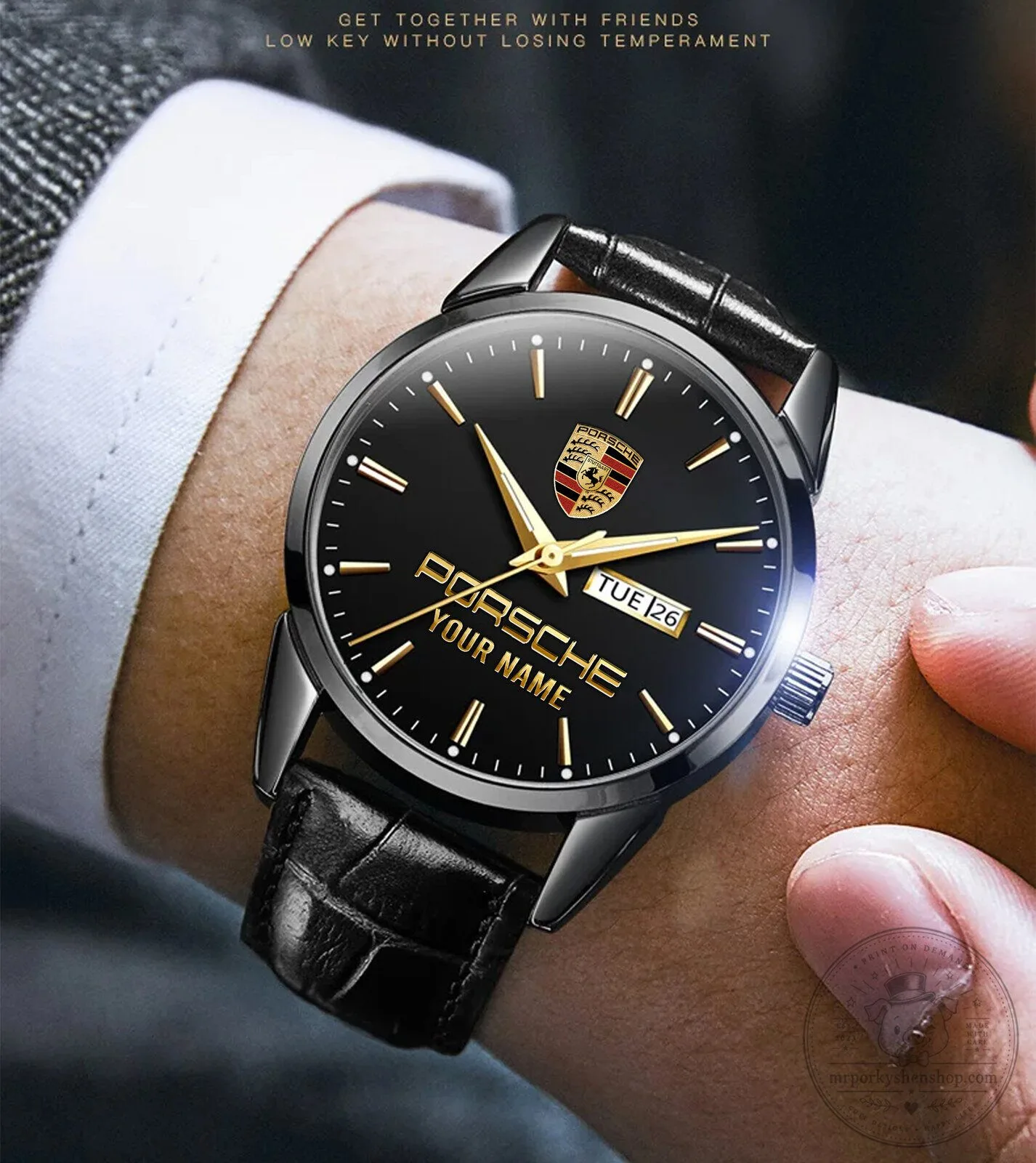 Porsche Custom Name Gold Tone Stainless Steel Watch with Brown Leather Strap 14 Porsche Custom Name Gold Tone Stainless Steel Watch with Brown Leather Strap