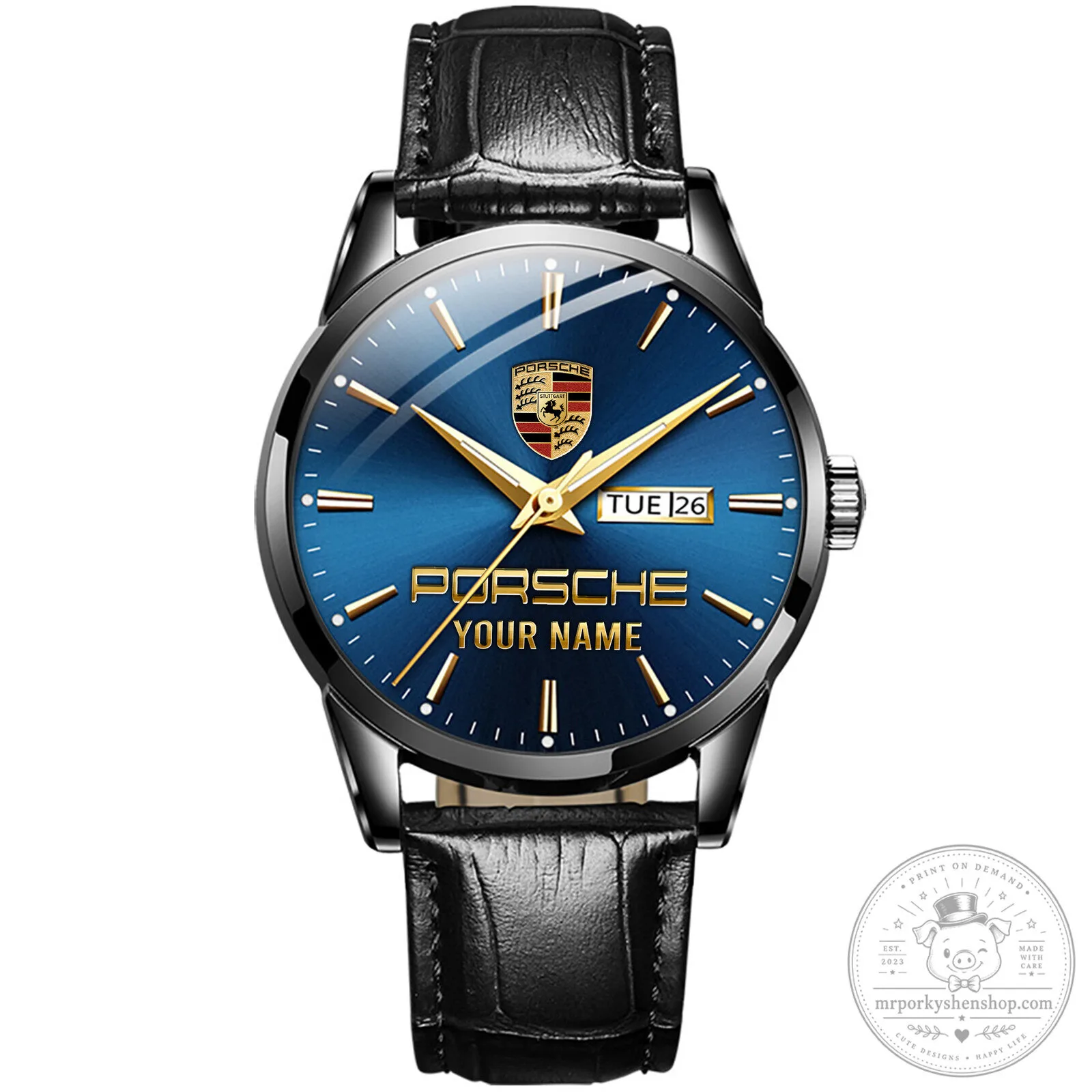 Porsche Custom Name Gold Tone Stainless Steel Watch with Brown Leather Strap 15 Porsche Custom Name Gold Tone Stainless Steel Watch with Brown Leather Strap