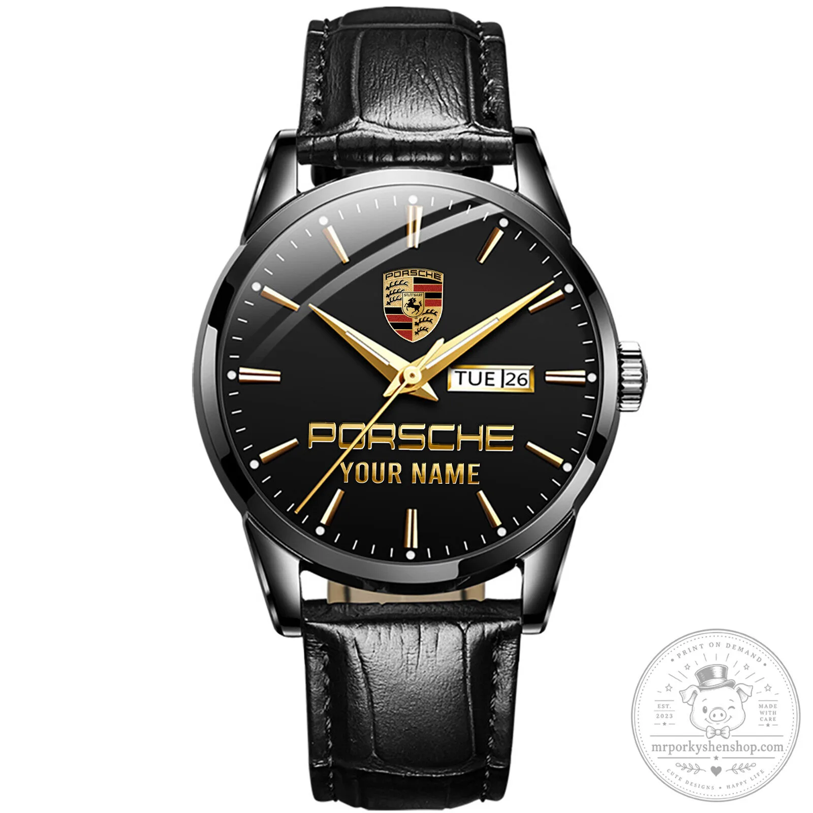 Porsche Custom Name Gold Tone Stainless Steel Watch with Brown Leather Strap 16 Porsche Custom Name Gold Tone Stainless Steel Watch with Brown Leather Strap