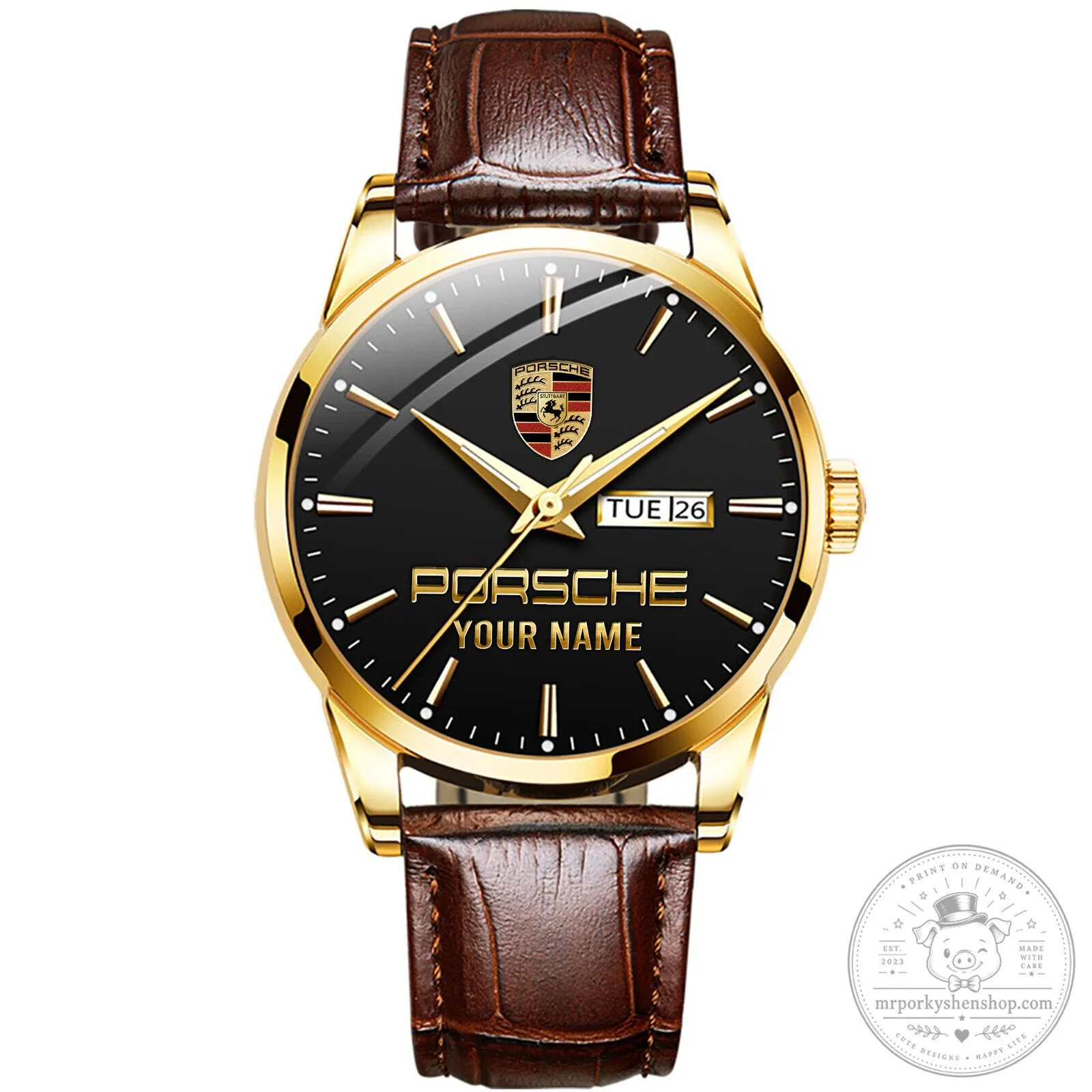 Porsche Custom Name Gold Tone Stainless Steel Watch with Brown Leather Strap 17 Porsche Custom Name Gold Tone Stainless Steel Watch with Brown Leather Strap