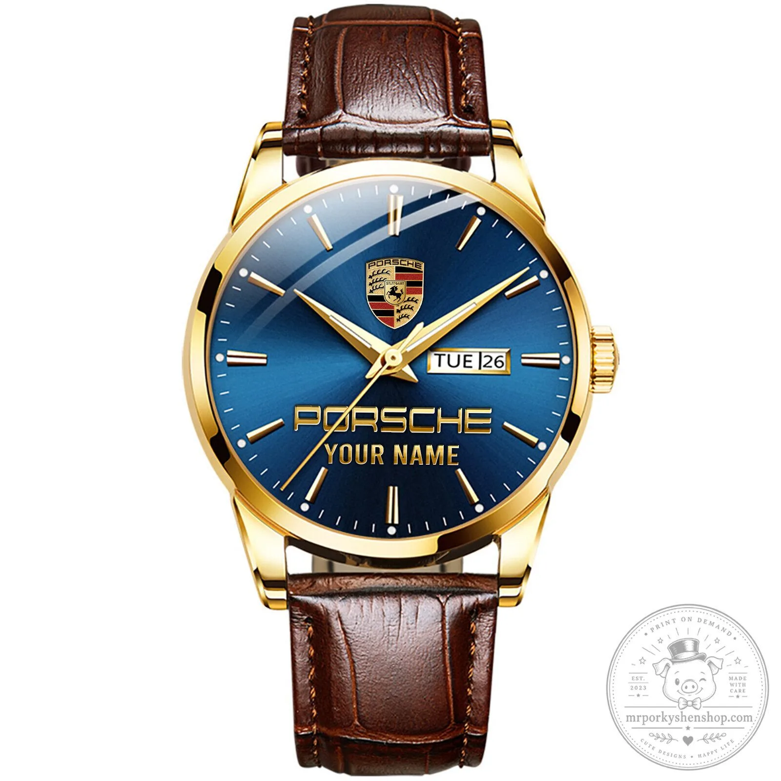Porsche Custom Name Gold Tone Stainless Steel Watch with Brown Leather Strap 18 Porsche Custom Name Gold Tone Stainless Steel Watch with Brown Leather Strap