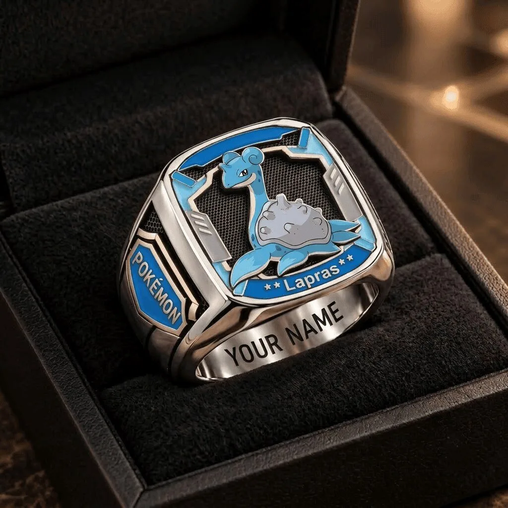 Pokemon Lapras Custom Engraved Blue Silver Fan Ring