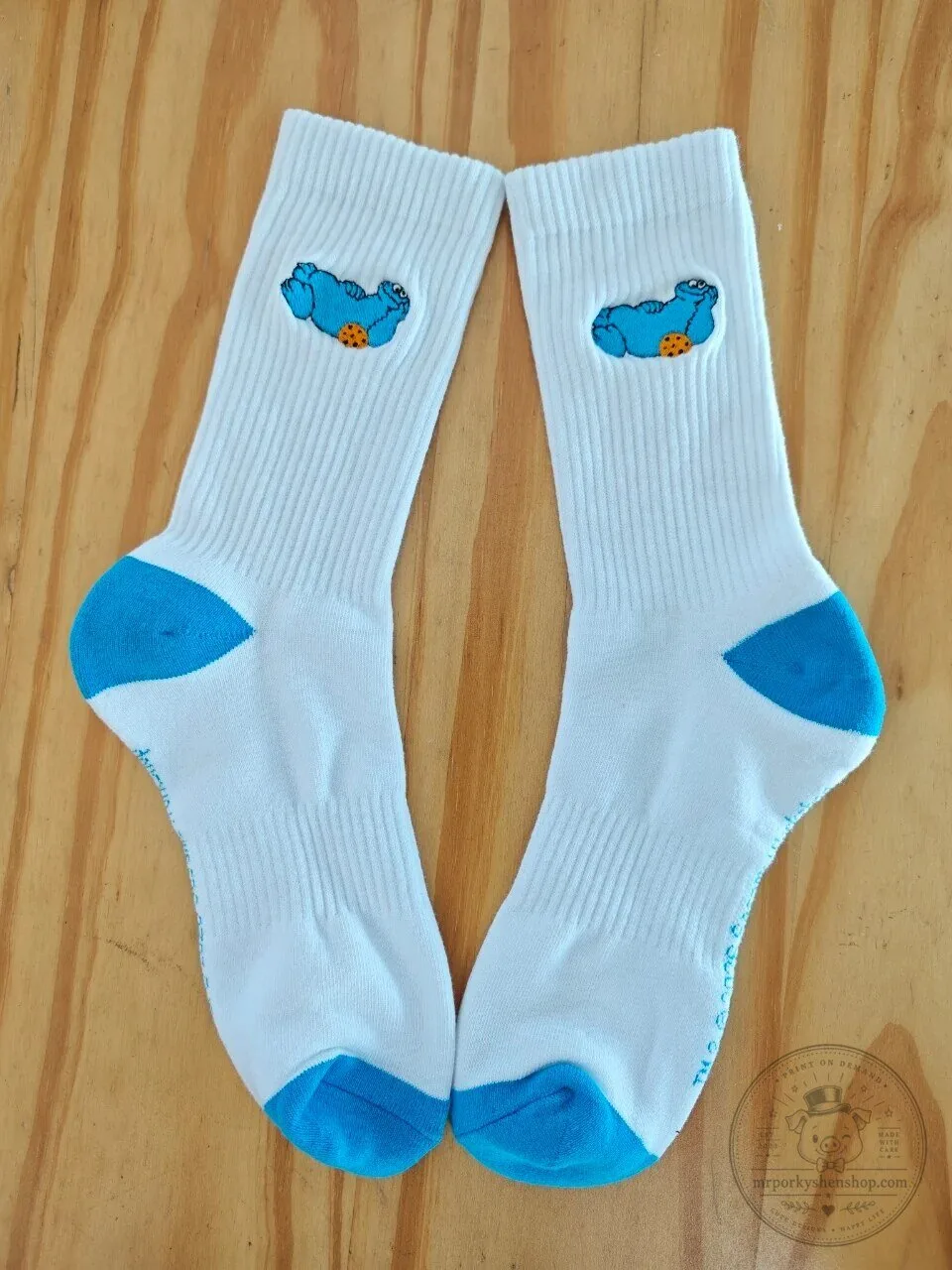Cookie Monster Eating Cookie Embroidered White and Blue Crew Socks