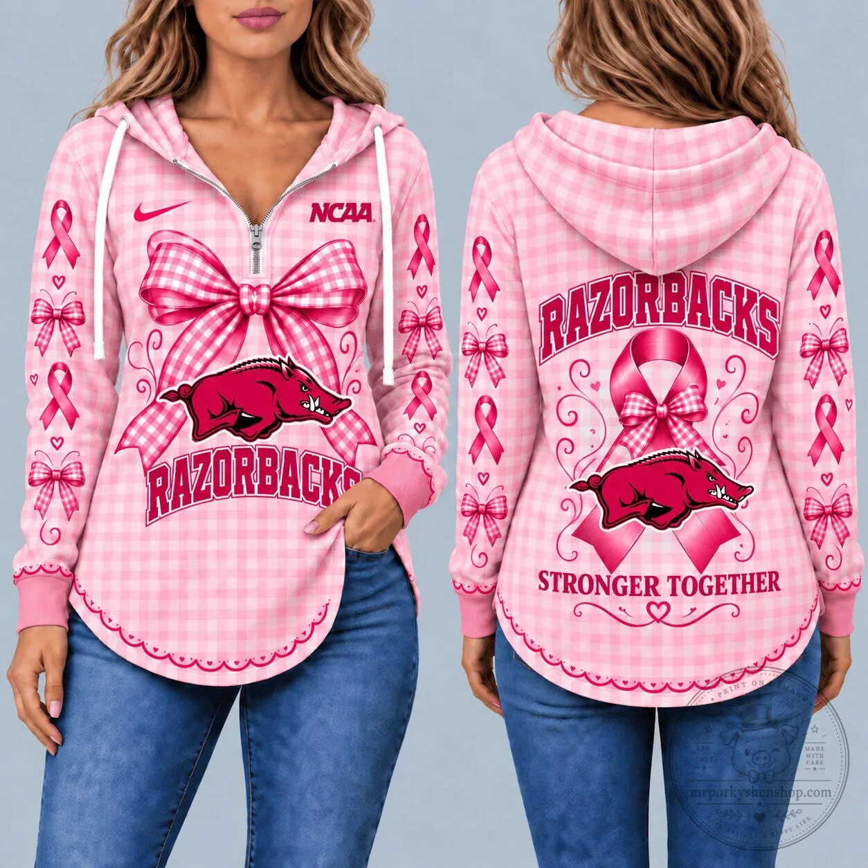 Arkansas Razorbacks Breast Cancer Awareness Pink Plaid Hoodie 2 Arkansas Razorbacks Breast Cancer Awareness Pink Plaid Hoodie