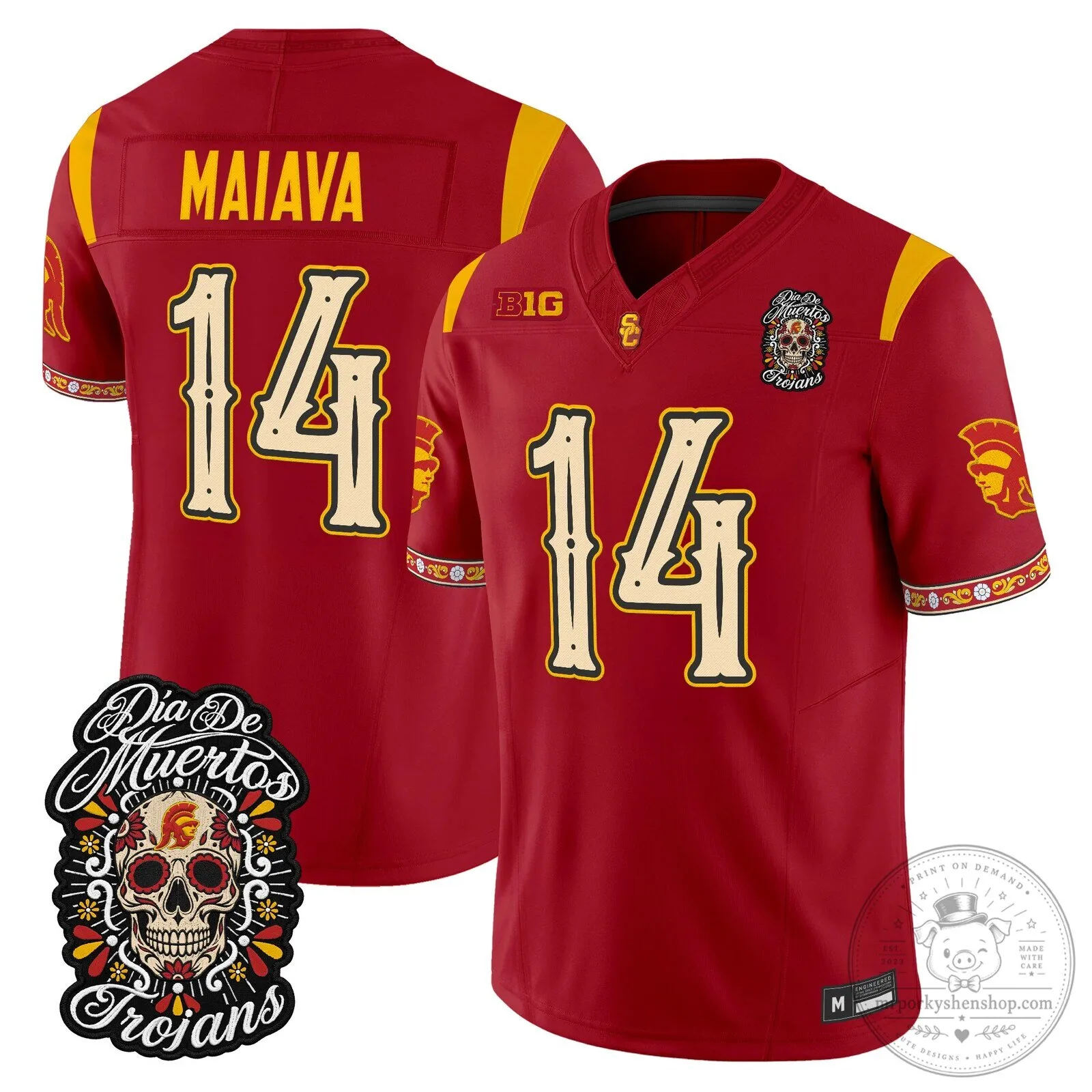 USC Trojans Dia De Los Muertos Football Jersey - Red Maiava Number 14