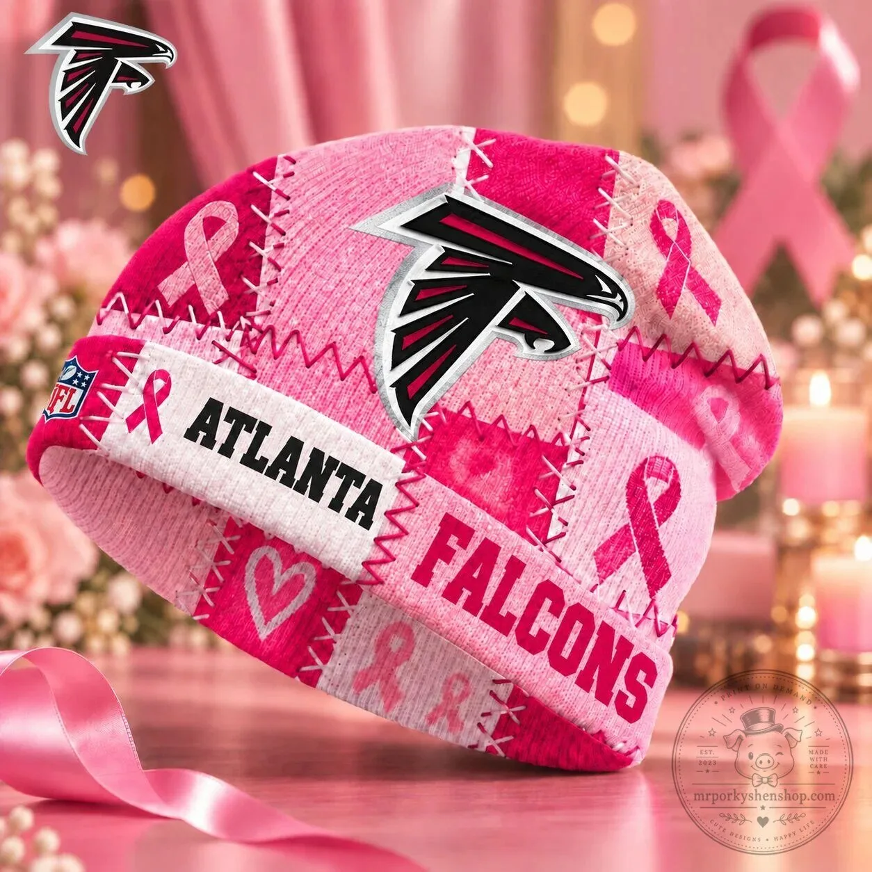 Atlanta Falcons Breast Cancer Awareness Pink Ribbon Patchwork Beanie Hat