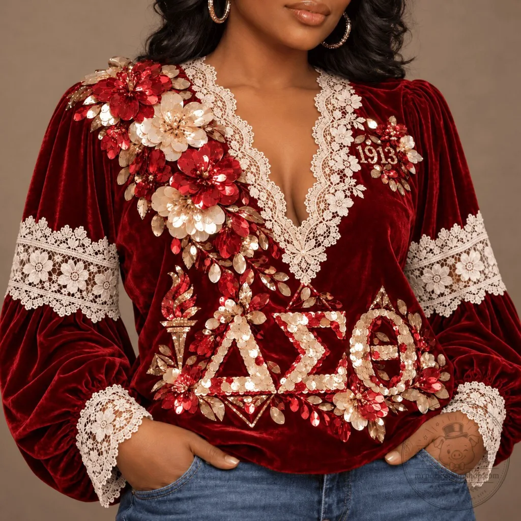 Delta Sigma Theta Sorority Incorporated Red Velvet Sequin Lace Blouse Delta Sigma Theta Sorority Incorporated Red Velvet Sequin Lace Blouse