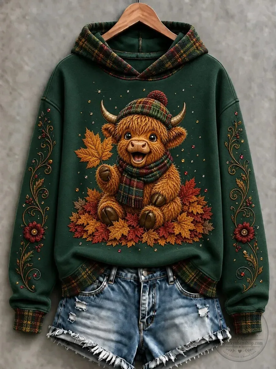 Cute Highland Cow Autumn Leaves Embroidered Forest Green Hoodie for Women