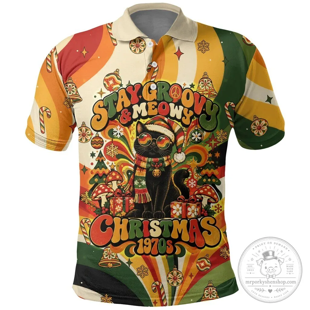 Stay Groovy Meowy Christmas Black Cat Vintage 1970s Retro Holiday Polo Shirt 2 Stay Groovy Meowy Christmas Black Cat Vintage 1970s Retro Holiday Polo Shirt