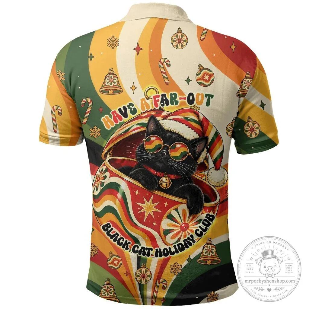 Stay Groovy Meowy Christmas Black Cat Vintage 1970s Retro Holiday Polo Shirt 7 Stay Groovy Meowy Christmas Black Cat Vintage 1970s Retro Holiday Polo Shirt
