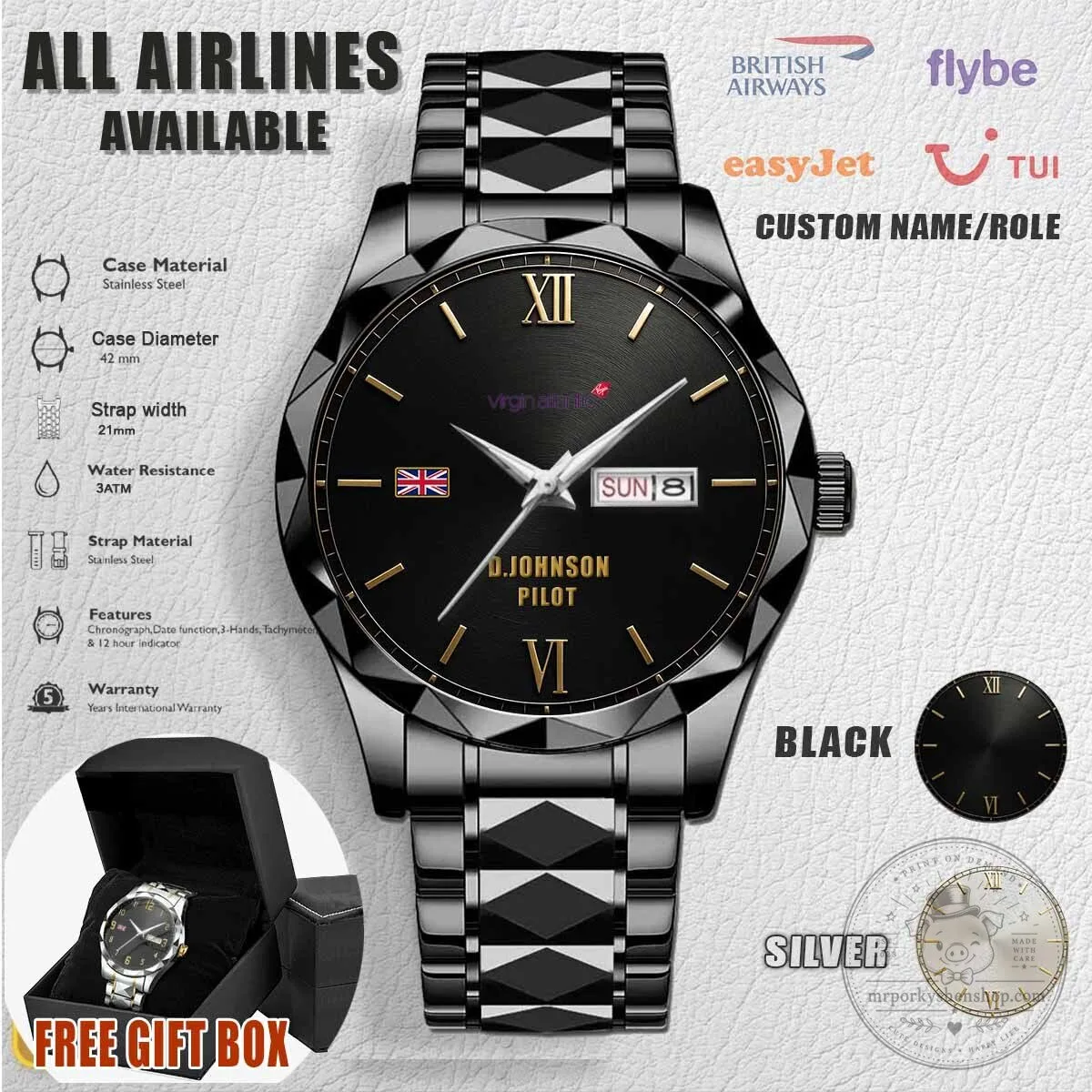 Virgin Atlantic Stainless Steel Pilot Watch with Custom Name Engraving 7 Virgin Atlantic Stainless Steel Pilot Watch with Custom Name Engraving
