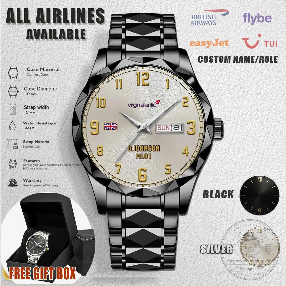 Virgin Atlantic Stainless Steel Pilot Watch with Custom Name Engraving 8 Virgin Atlantic Stainless Steel Pilot Watch with Custom Name Engraving