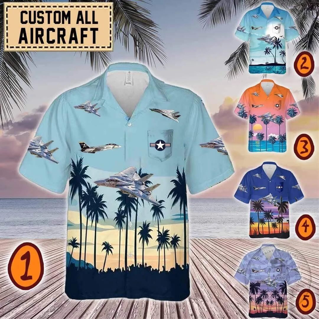F-14 Tomcat Fighter Jet Aircraft Beach Sunset Hawaiian Shirt