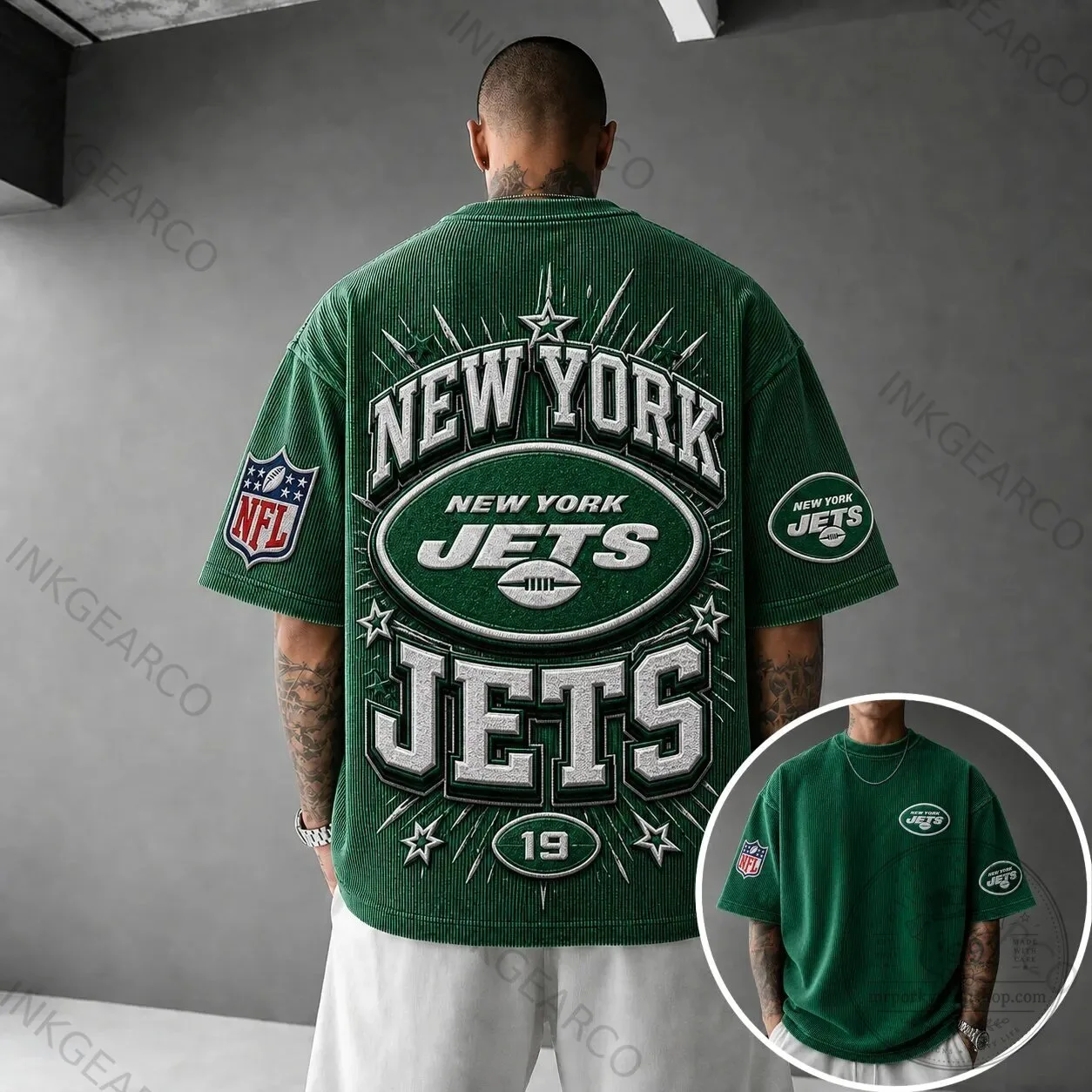 Green Corduroy Short Sleeve T-Shirt for New York Jets American Football Team