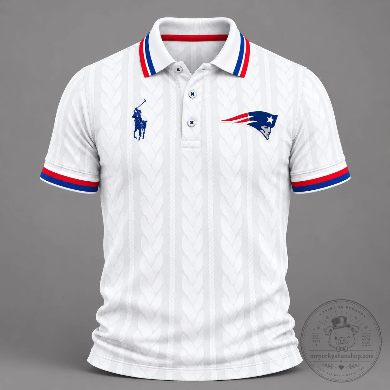 New England Patriots Ralph Lauren Cable Knit Polo Shirt
