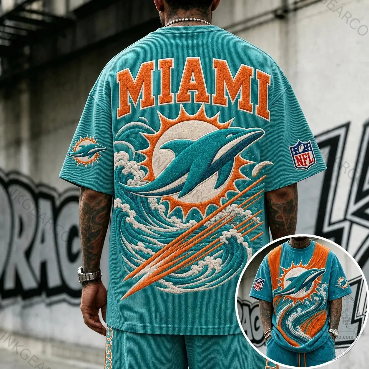 Miami Dolphins NFL Football Team Logo Corduroy Embroidered Short Sleeve T-Shirt