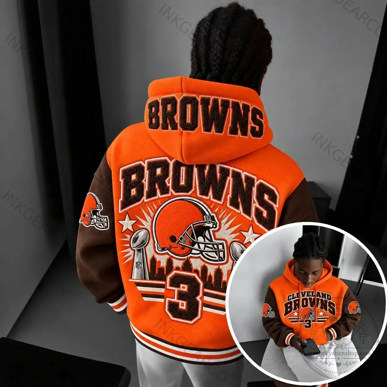 Cleveland Browns Football Team Orange and Brown Varsity Style Hoodie