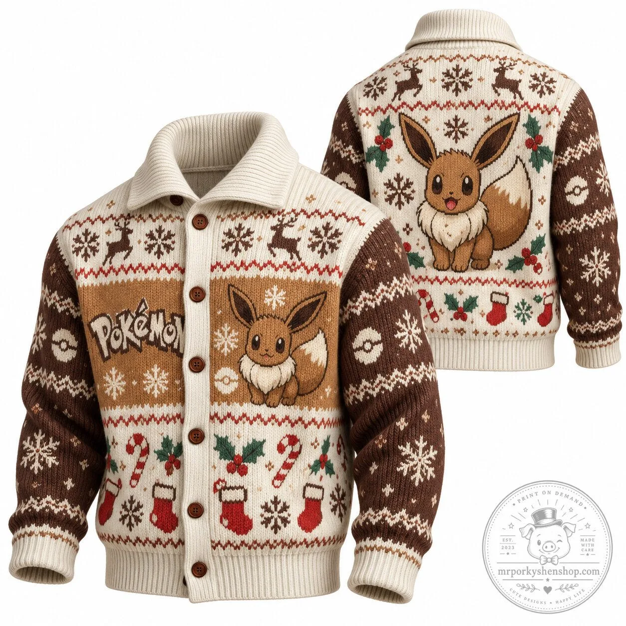 Eevee Fair Isle Knit Cardigan Sweater for Christmas Holiday from Pokemon 1 Eevee Fair Isle Knit Cardigan Sweater for Christmas Holiday from Pokemon