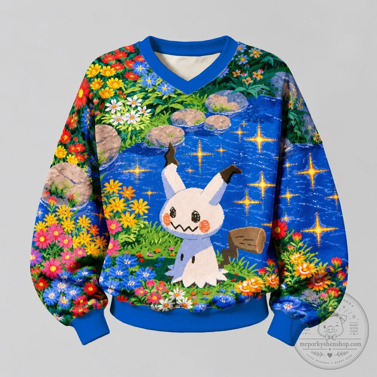 Mimikyu Pokémon Character Floral Garden Blue V-Neck Sweatshirt