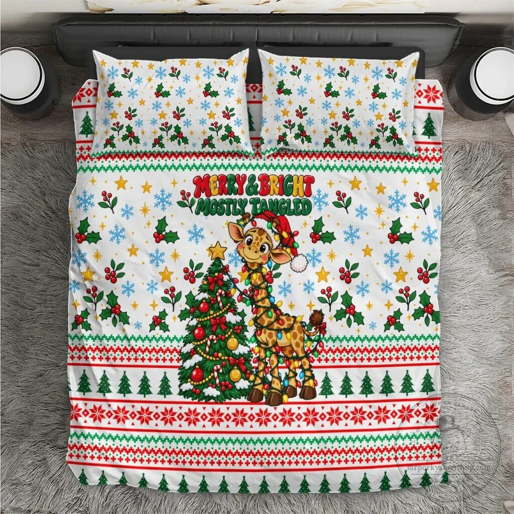 Christmas Giraffe Merry and Bright Mostly Tangled Bedding Set