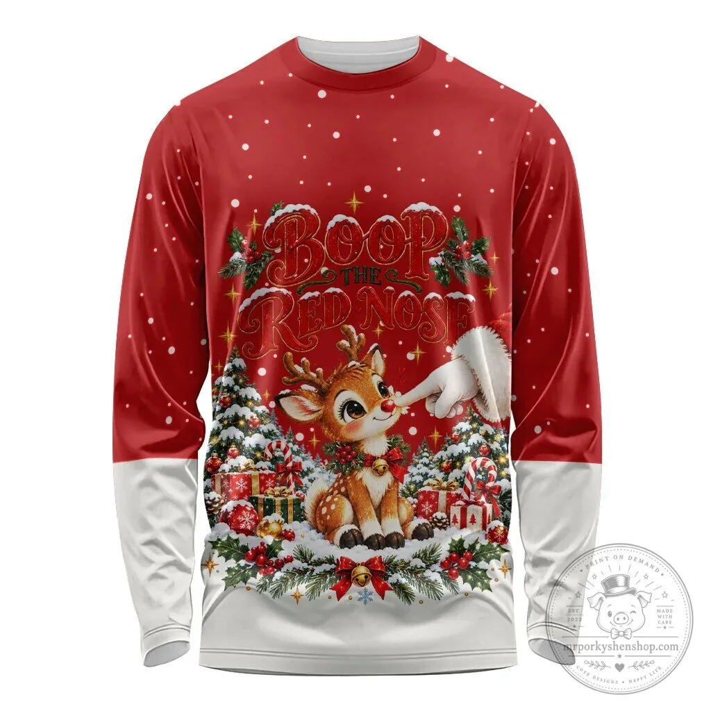 Cute Reindeer Boop The Red Nose Christmas Holiday Long Sleeve Shirt