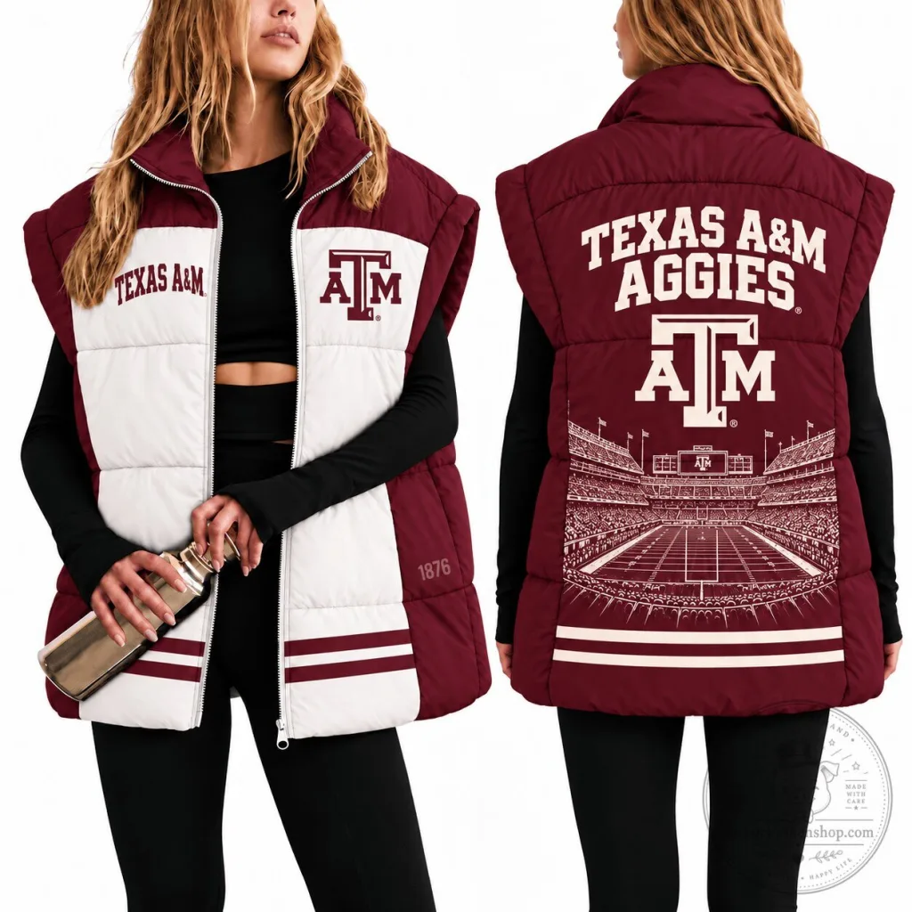 Texas A&M Aggies Women's Maroon and White Puffer Vest with Stadium Design Texas A&M Aggies Women's Maroon and White Puffer Vest with Stadium Design