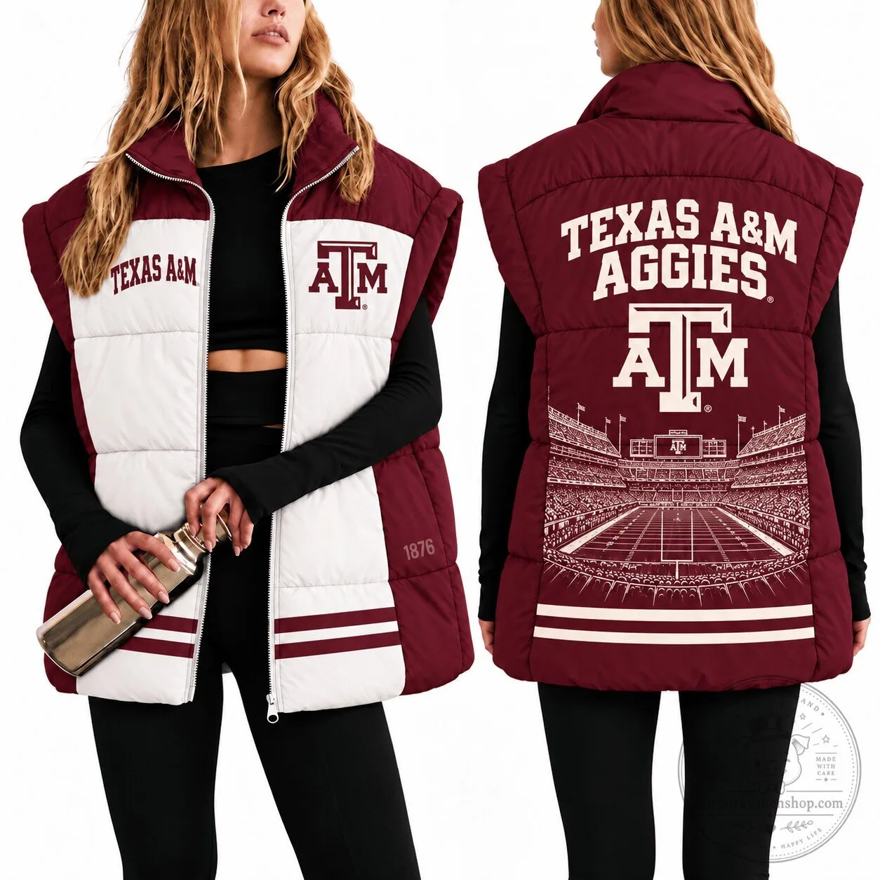 Texas A&M Aggies Women's Maroon and White Puffer Vest with Stadium Design 1 Texas A&M Aggies Women's Maroon and White Puffer Vest with Stadium Design