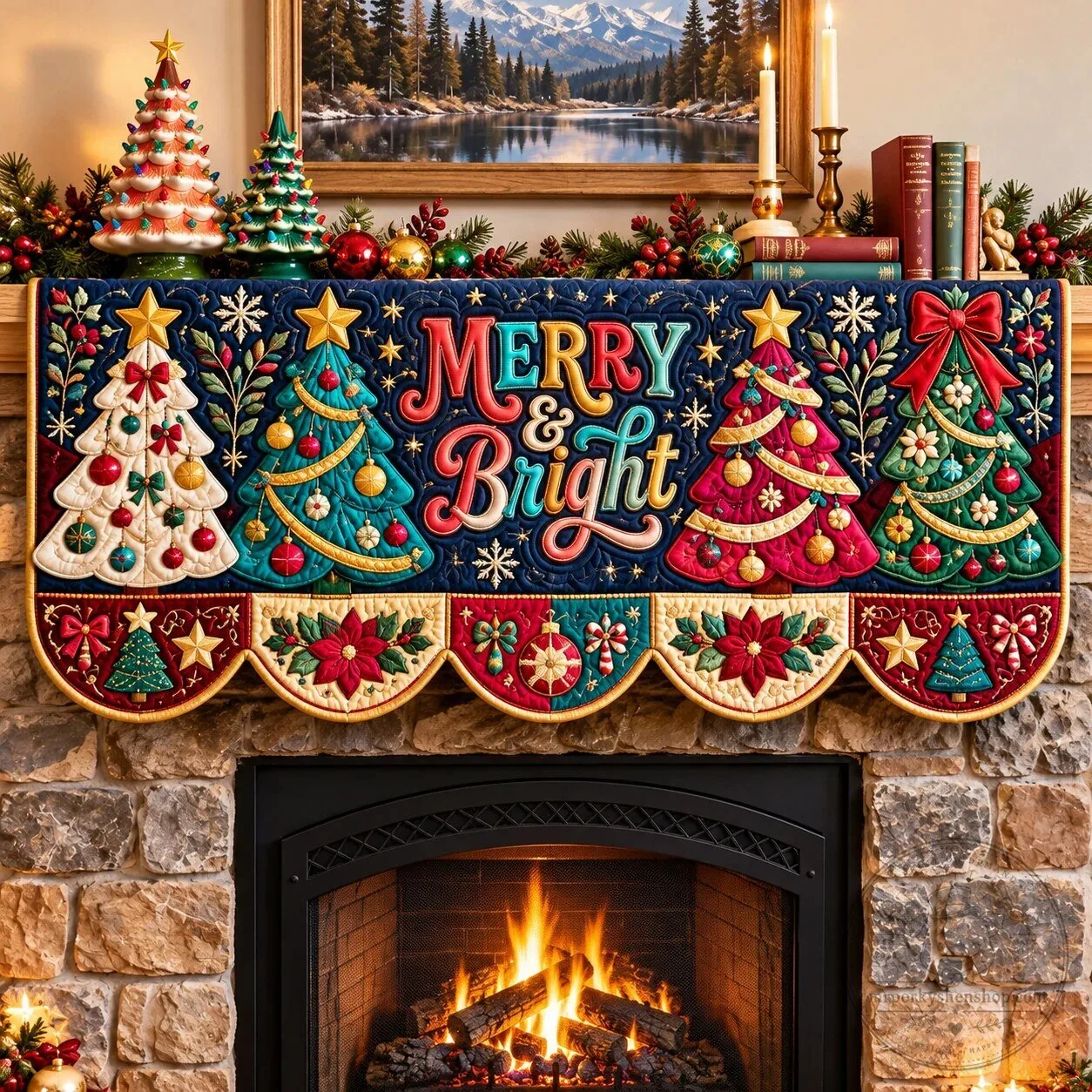 Merry And Bright Christmas Tree Quilted Mantel Scarf